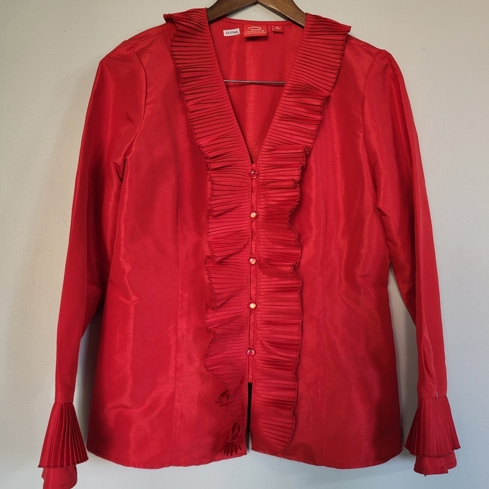 Oscar de La Renta Designer Red Pleated Satiny Button Up Blouse Size 10